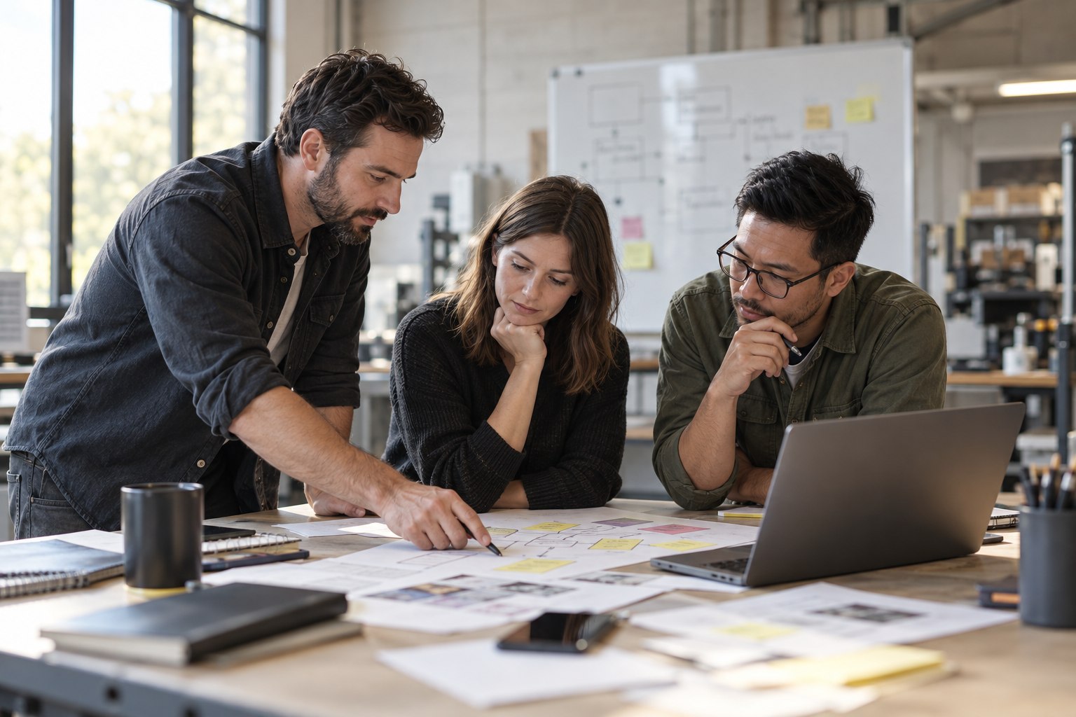 Three employees mapping a workflow together at a worktable